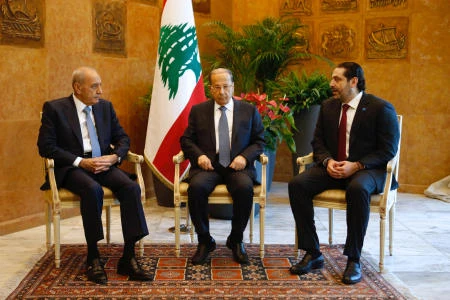 Lebanese President Michel Aoun, center, meets with Prime Minister Saad Al-Hariri, right, and Lebanese Parliament Speaker Nabih Berri at the presidential palace in Baabda. (Reuters)