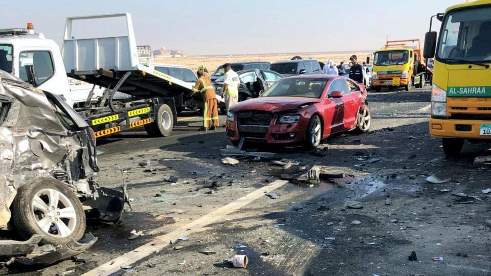 More than 40 vehicles were involved in a astonishing collision in the fog on Abu Dhabi's Sheikh Mohammed bin Rashid Road. (Courtesy: Abu Dhabi Police)