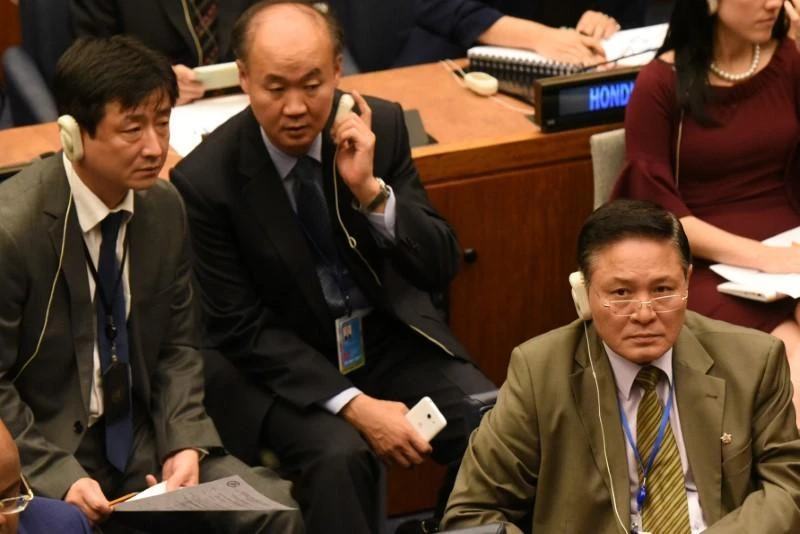 In this file photo, North Korea’s Ambassador to the UN Ja Song Nam (R) sits with his team during a ministerial meeting at the 72nd United Nations General Assembly at UN headquarters in New York City, US. (Reuters)