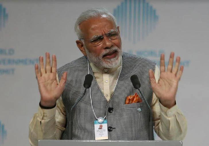 Indian Prime Minister Narendra Modi gives a speech at the World Government Summit in Dubai on Sunday. (AP)