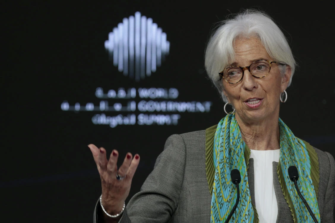 Christine Lagarde, Managing Director of the International Monetary Found (IMF) speaks during the World Government Summit in Dubai, UAE Feb. 11, 2018. (Reuters/Christopher Pike)