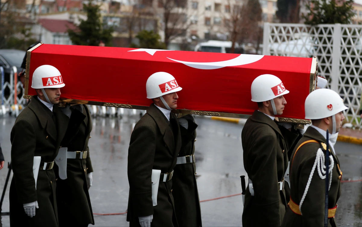 The coffin of Koray Karaca, a soldier who was killed during Turkey’s military action in Syria’s Afrin region, is carried by a ceremonial guard of honor during his funeral ceremony in Istanbul. (Reuters)