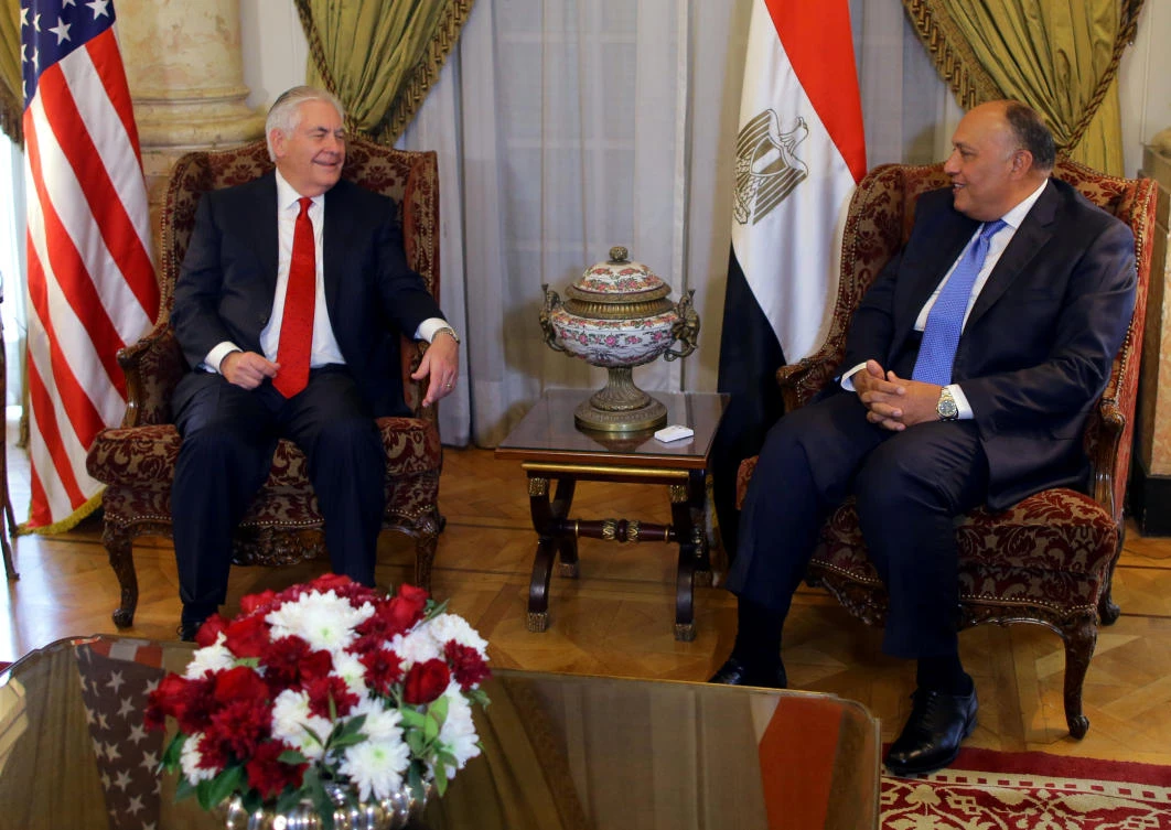 US Secretary of State Rex Tillerson meets with Egyptian Foreign Minister Sameh Shoukry in Cairo, Egypt February 12, 2018. (AP)