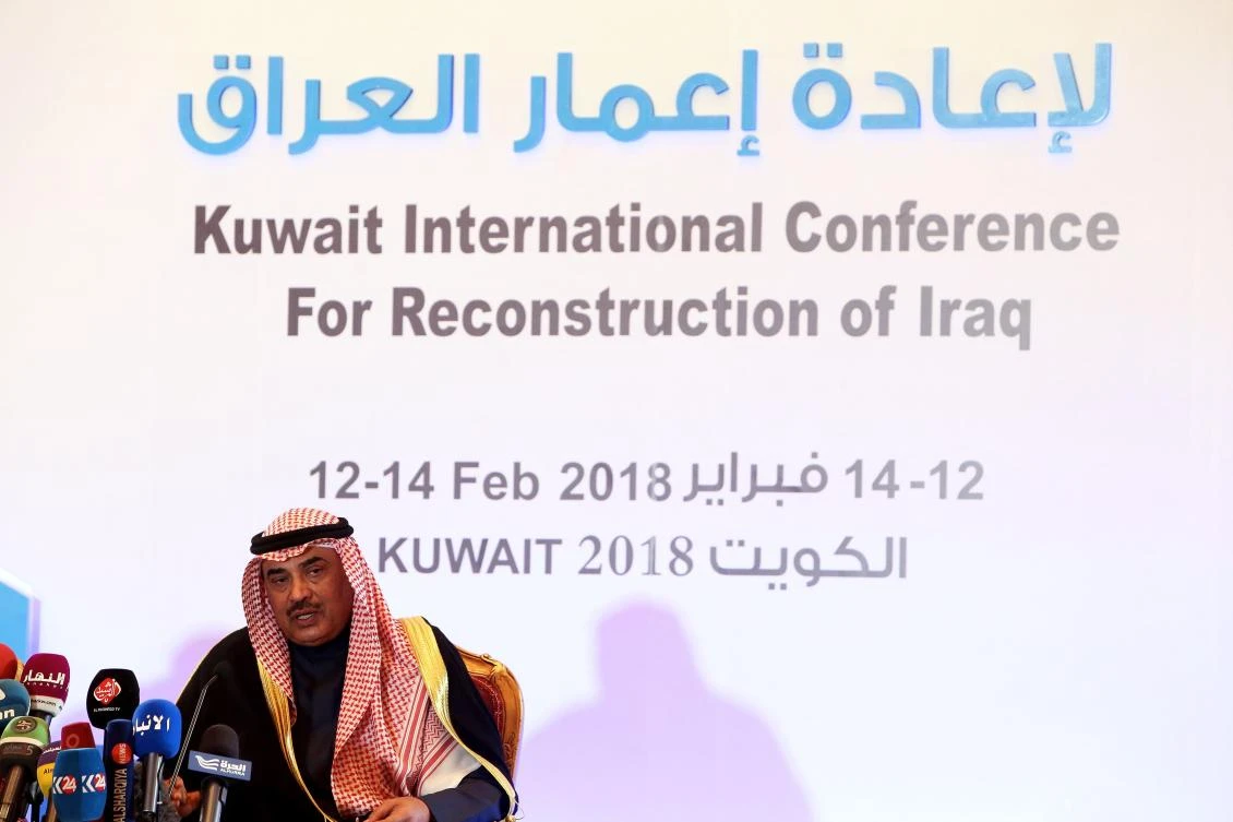 Kuwaiti Foreign Minister Sheikh Sabah Al-Khaled Al-Sabah speaks during the Kuwait International Conference for Reconstruction of Iraq on Feb 11, 2018 in Kuwait city. (AFP)