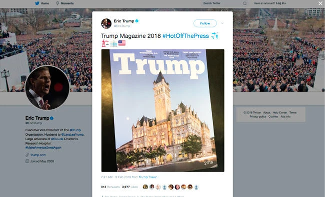 This screen shot captured from a computer in New York on Monday, Feb. 12, 2018, shows Eric Trump's Twitter account page, where a tweet by the president's son with the hashtag "HotOffThePress" resulted in several news stories suggesting the president's family was launching a new magazine. (AP)