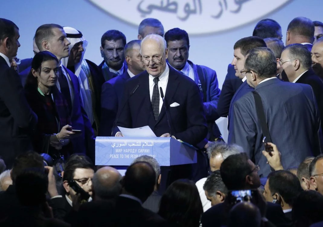 United Nations Special Envoy for Syria Staffan de Mistura speaks to attendees after a session of the Syrian Congress of National Dialogue in the Black Sea resort of Sochi, Russia Jan 30, 2018.(Reuters)