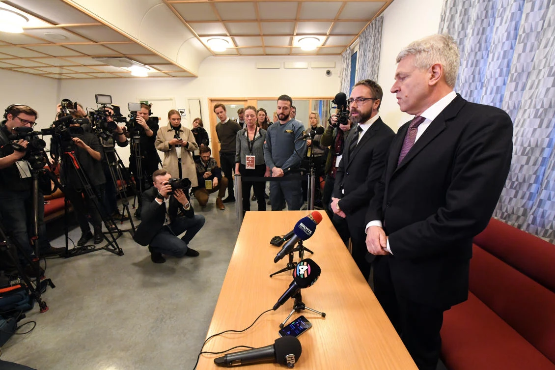 State prosecutors Hans Ihrman, center, and Hans Jorgen Hanstrom during a press conference after the first day of the trial against terror suspect Rakhmat Akilov, who is accused of a terror attack in Stockholm in April 2017, Feb. 13, 2018. (AP)