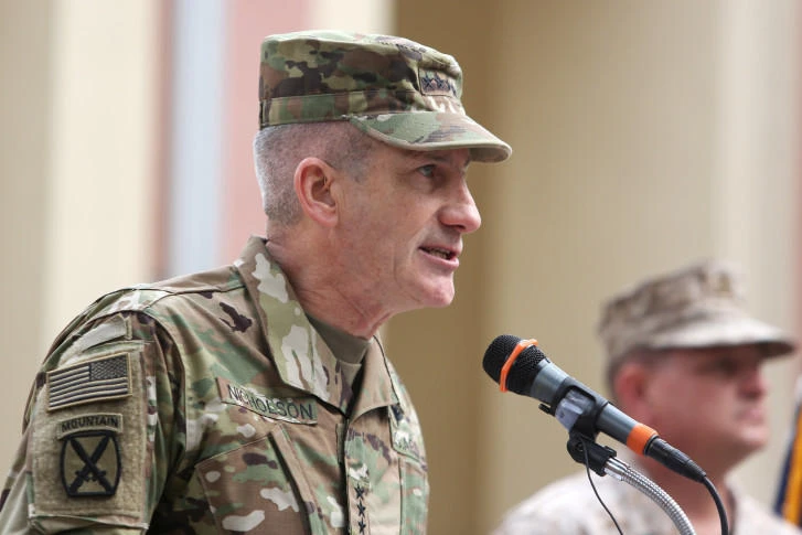 New Commander of Resolute Support forces and United States forces in Afghanistan, U.S. Army General John Nicholson, speaks during a change of command ceremony in Resolute Support headquarters in Kabul, Afghanistan, Wednesday, March 2, 2016. (AP)