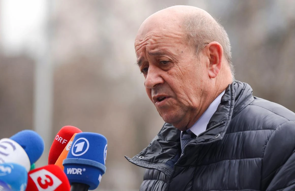 French Foreign Affairs Minister Jean-Yves Le Drian speaks to journalists as he arrives for the Informal Meeting of EU Foreign Affairs ministers (Gymnich) in Sofia on Feb. 15, 2018. (AFP)