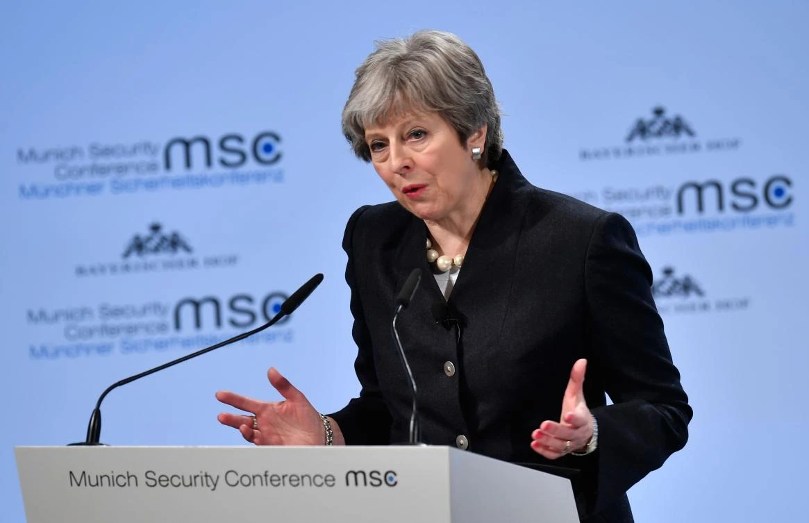 British Prime Minister Theresa May gives a speech during the Munich Security Conference on February 17, 2018 in Munich, southern Germany. (AFP)