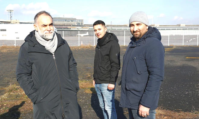 From left, Karim Ainouz, Ibrahim Al-Hussein from Syria, and Qutaiba Nafea
from Iraq, in Berlin, Germany. (Reuters)