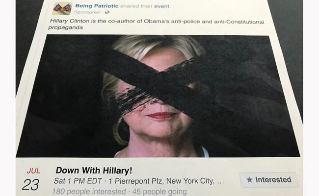 A Facebook posting, released by the House Intelligence Committee, for a group called "Being Patriotic" is photographed in Washington on Feb. 16, 2018. "Being Patriotic" was part of an elaborate plot by Russian operatives to interfere in the 2016 US presidential election, says a federal grand jury indictment on Feb. 16. (AP Photo/Jon Elswick)