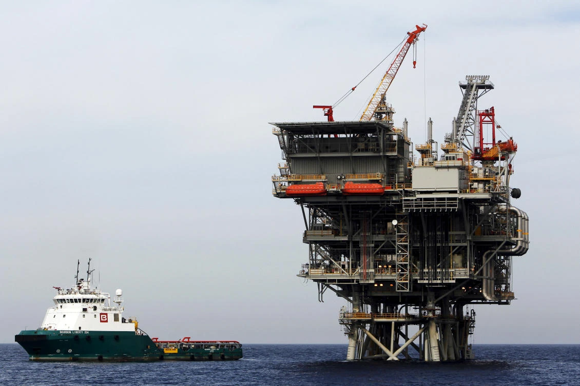 A gas platform in the Mediterranean sea west of Israel’s port city of Ashdod. Delek Drilling and its US partner, Noble Energy have signed a deal to sell a total of 64 billion cubic meters of gas over a 10-year period to Egyptian company Dolphinus Holdings. (Reuters)