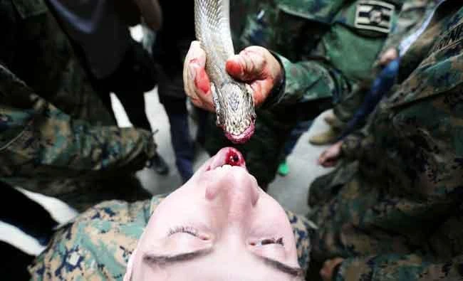 A US Marine drinks the blood of a cobra during a jungle survival exercise as part of the "Cobra Gold 2018" (CG18) joint military exercise, at a military base in Chonburi province, Thailand, on Monday. (REUTERS)