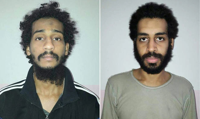 The combo picture shows captured British Daesh group fighters El Shafee ElSheikh (L) and Alexanda Kotey (R), posing for mugshots in an undisclosed location. (AFP)