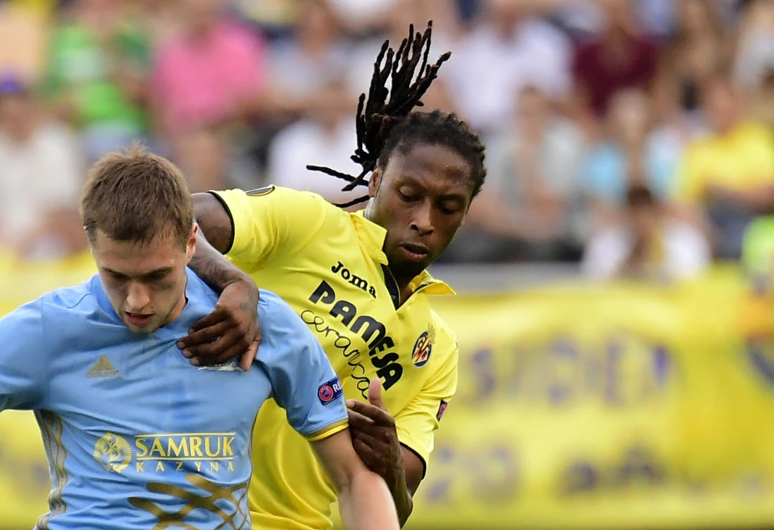 In this file photo taken last year, Villarreal's Portuguese defender Ruben Semedo (R) vies with Astana's forward from Kazakhstan Roman Murtazayev. (AFP)