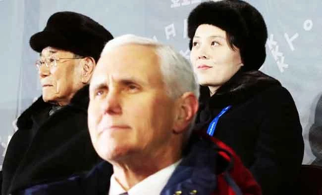 U.S. Vice President Mike Pence, North Korea's nominal head of state Kim Yong Nam, and North Korean leader Kim Jong Un's younger sister Kim Yo Jong attend the Winter Olympics opening ceremony in Pyeongchang, South Korea, in this February 9, 2018 photo. (REUTERS)