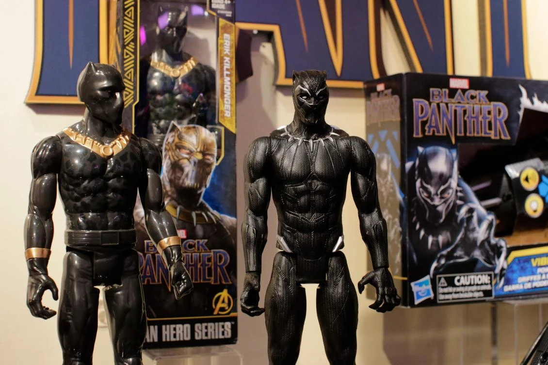 Black Panther toys are displayed to attendees at the Hasbro showroom during the annual New York Toy Fair, on Feb.20, 2018, in New York. (AFP)