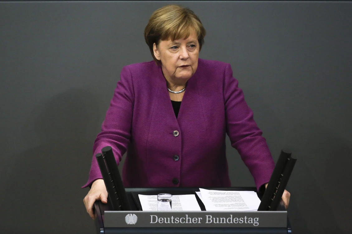 German Chancellor Angela Merkel delivers her speech aboutEuropean policy ahead of a EU summit at the parliament Bundestag in Berlin. (AP)