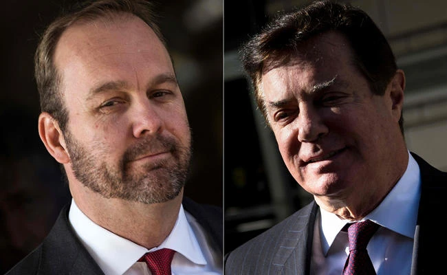 This combination of file pictures shows former Trump campaign official Rick Gates (L) and former Trump campaign chairman Paul Manafort, who were hit on February 22, 2018, with fresh charges of tax and bank fraud, as special Russia meddling prosecutor Robert Mueller stepped up pressure on the president's former aides. (AFP / Brendan Smialowski)