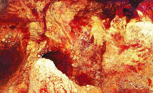 This color enhanced image provided by Hipolito Collado Giraldo in February 2018 shows three hand stencils in the Maltravieso Cave in Cáceres, Spain. (AP)