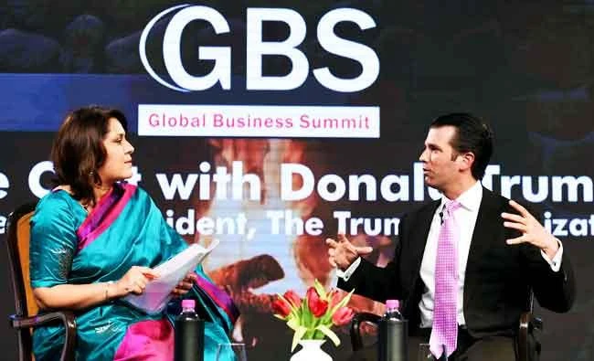 Executive Vice President of The Trump organisation, Donald Trump Jr. (R), speaks during the Global Business Summit in New Delhi on Friday. (AFP)