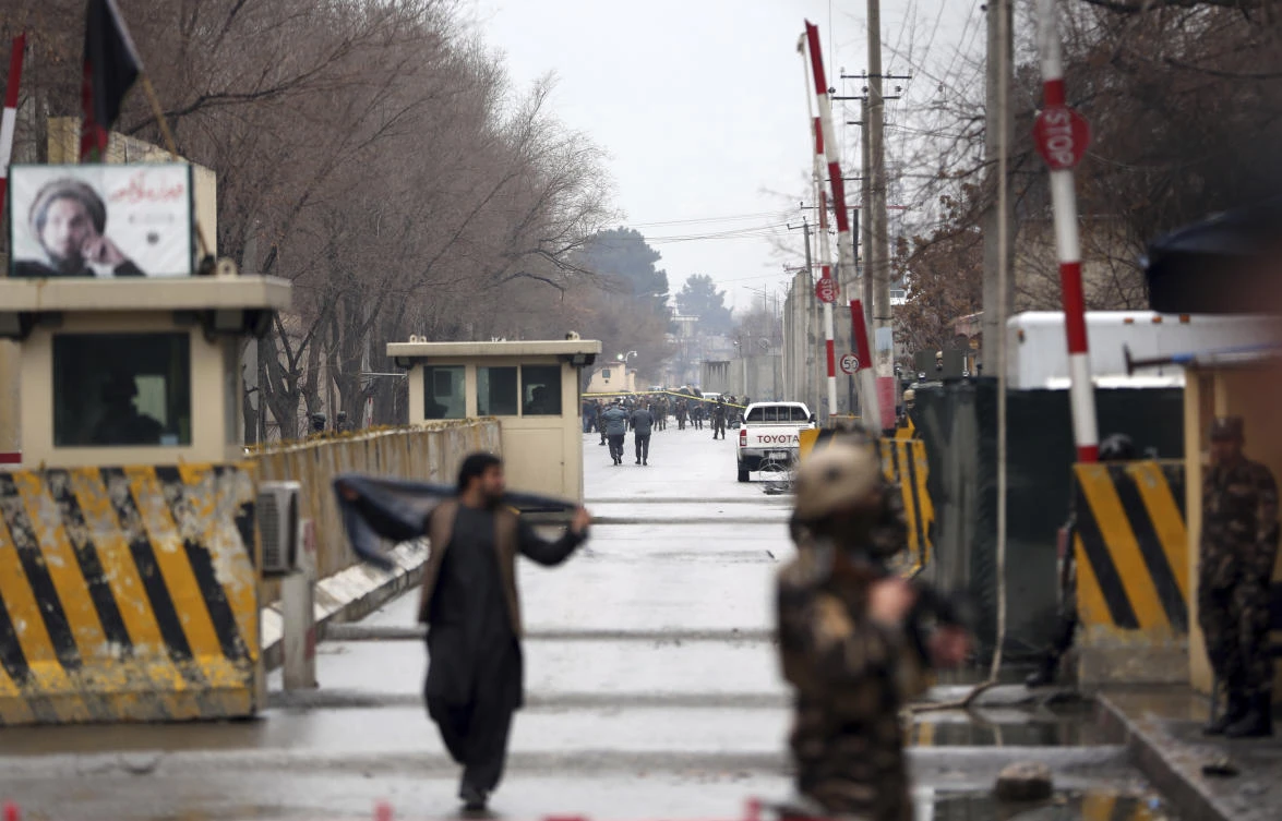 Security forces inspect the site of a suicide bombing in the diplomatic area of capital Kabul, Afghanistan, Saturday, Feb. 24, 2018. (AP)