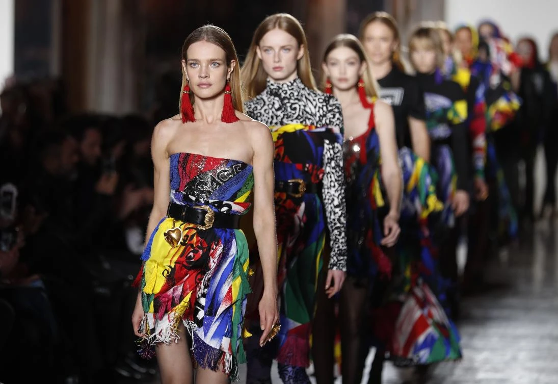 Models take the catwalk during the Versace women's Fall/Winter 2018-2019 collection, presented during the Milan Fashion Week, in Milan, Italy, Friday, Feb. 23, 2018. (AP)