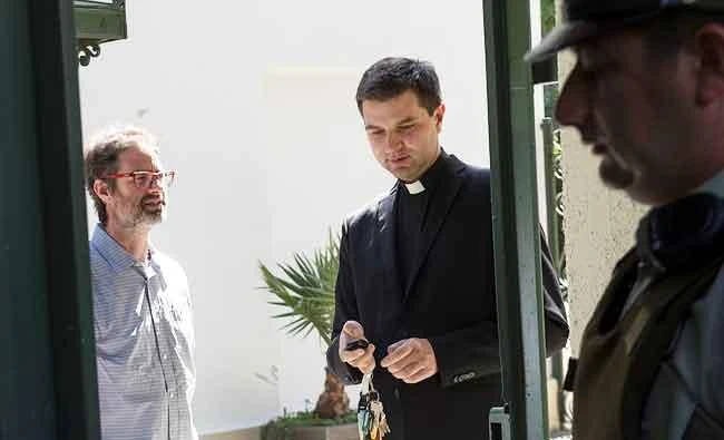 Jose Andres Murillo (L), one of the victims of sexual abuse, allegedly committed by members of the church, is seen in the exit of the Chilean apostolic nunciature after a meets with the Vatican special envoy Archbishop Charles Scicluna in Santiago, Chile, in this February 20, 2018 photo. (REUTERS)