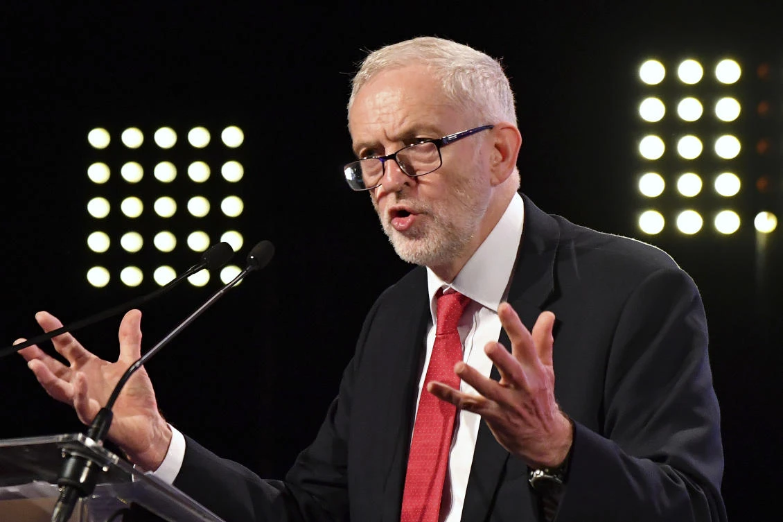 Britain's Labour Party leader Jeremy Corbyn delivers a speech prior to a meeting of European Socialists prior to an EU summit in Brussels. (AP)