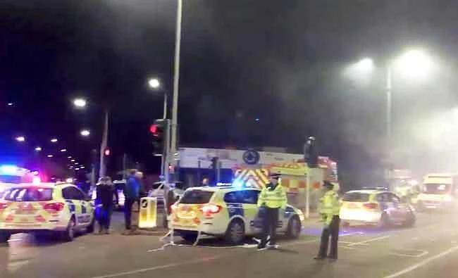 In this image taken from video made available by Gem News, police attend the scene of an incident in Leicester, central England, on Sunday. (AP)