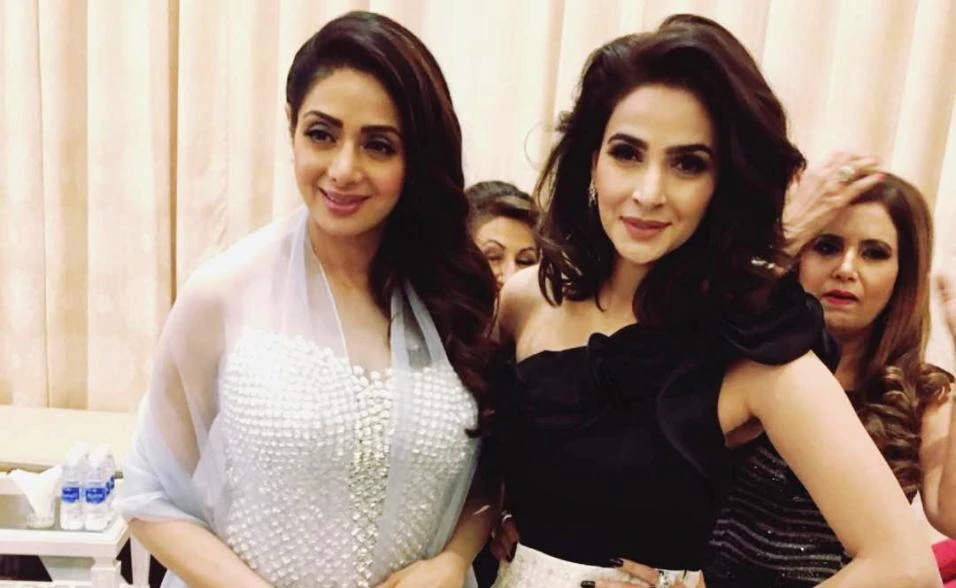 Bollywood actress Sridevi, left, with Pakistani actress Saba Qamar, center. (Photo courtesy: Instagram @sabaqamarzaman)