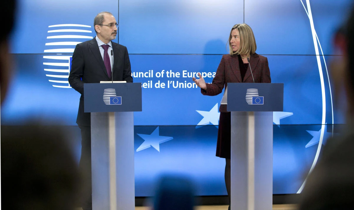 EU foreign policy chief Federica Mogherini and Jordan’s Foreign Minister Ayman Safadi participate in a media conference after a meeting of EU foreign ministers at the Europa building in Brussels. EU foreign ministers met to debate ways to revive Middle East peace efforts and discuss the crisis in Venezuela. (AP)