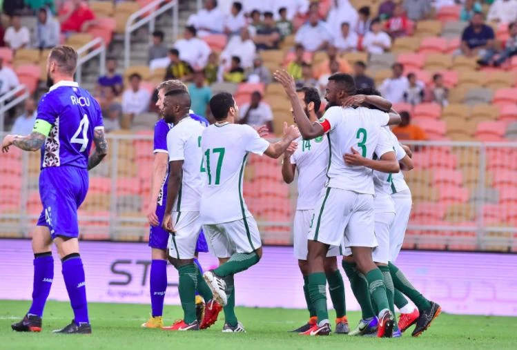 The Saudi Arabia players celebrate one of their goals against Moldova. (@SaudiFF)