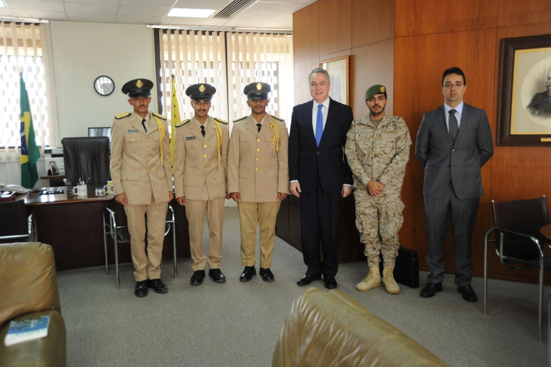 Brazilian Ambassador Flavio Marega and First Lt Abulrahman Al-Hadi, flanked by cadets Al-Waleed Hassan M. Al-Qahtani, Fahad Khalaf N. Al-Shammari and Turki Mohammed G. Al-Amri on the left, and Wagner Antunes of the Brazilian Embassy on the right. (AN Photo)