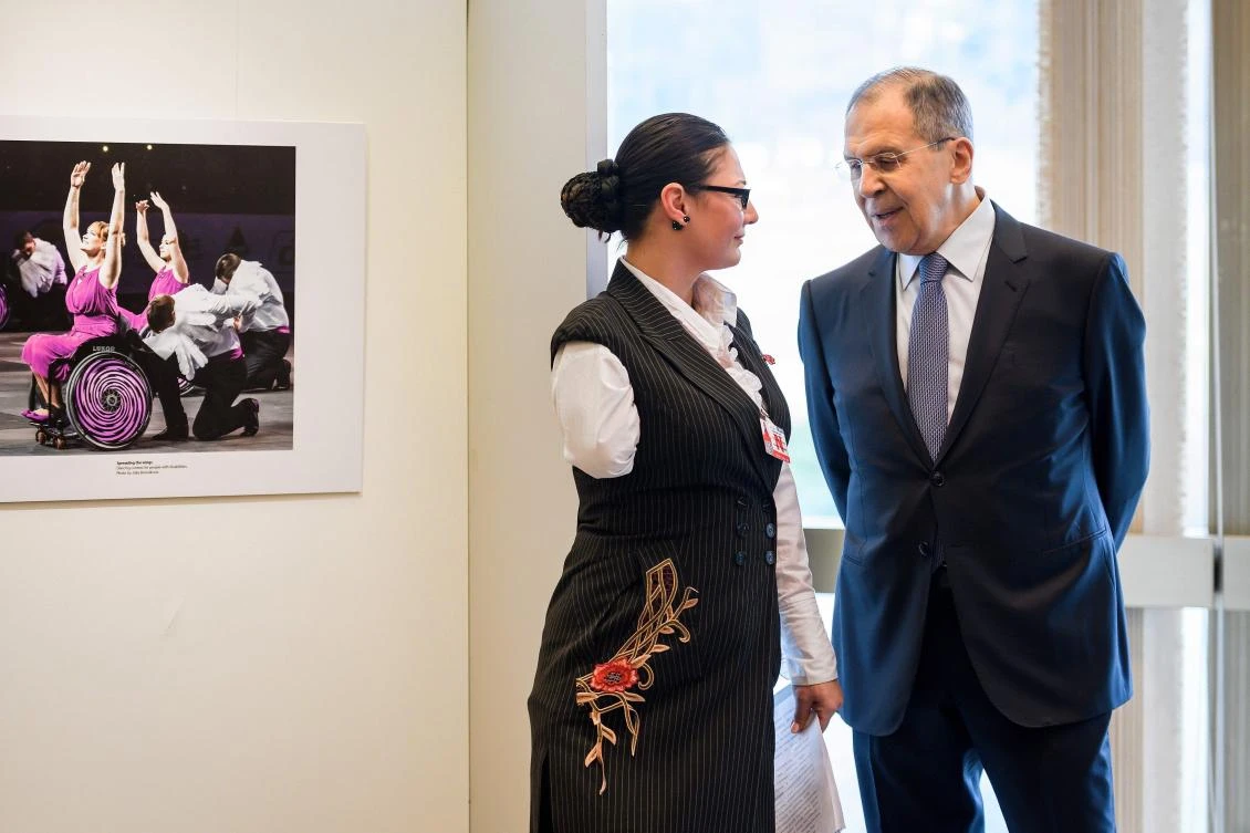 Russian Foreign Minister Sergei Lavrov opening a photo exhibition at the UN Human Rights council in Geneva, Feb 28, 2018. (AFP)