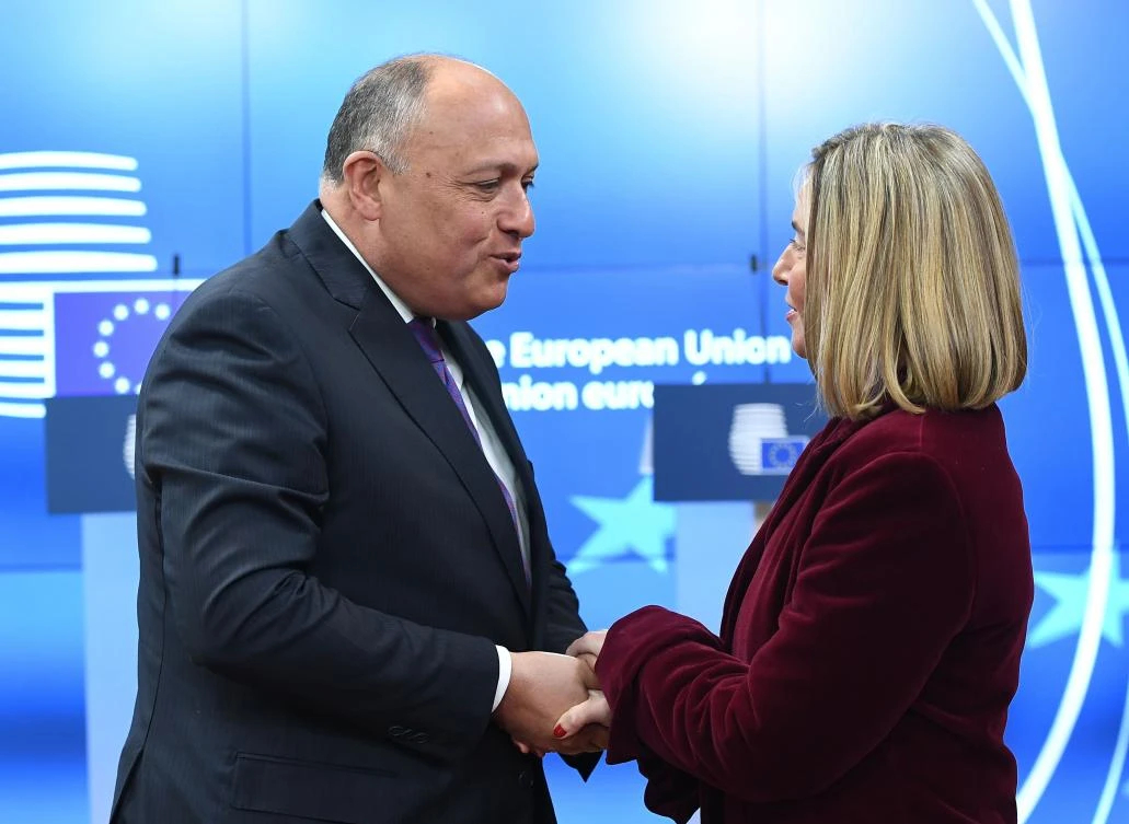 EU foreign policy chief Federica Mogherini welcomes Egypt’s Foreign Minister Sameh Shoukry during a Foreign Affairs council in Brussels, on Feb 26, 2018. (AFP)