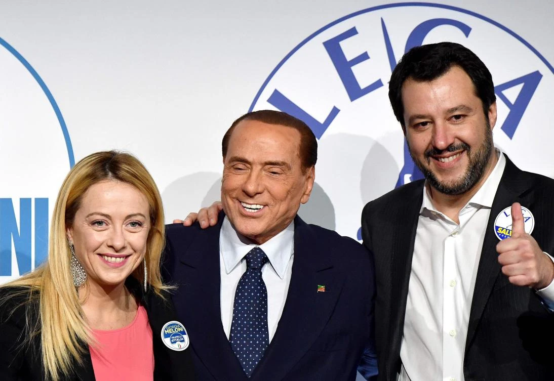 (LtoR) Giorgia Meloni, President of Brothers of Italy party, Silvio Berlusconi, Leader of Italian right-wing party Forza Italia (Go Italy) and Northern League leader Matteo Salvini. (AFP)