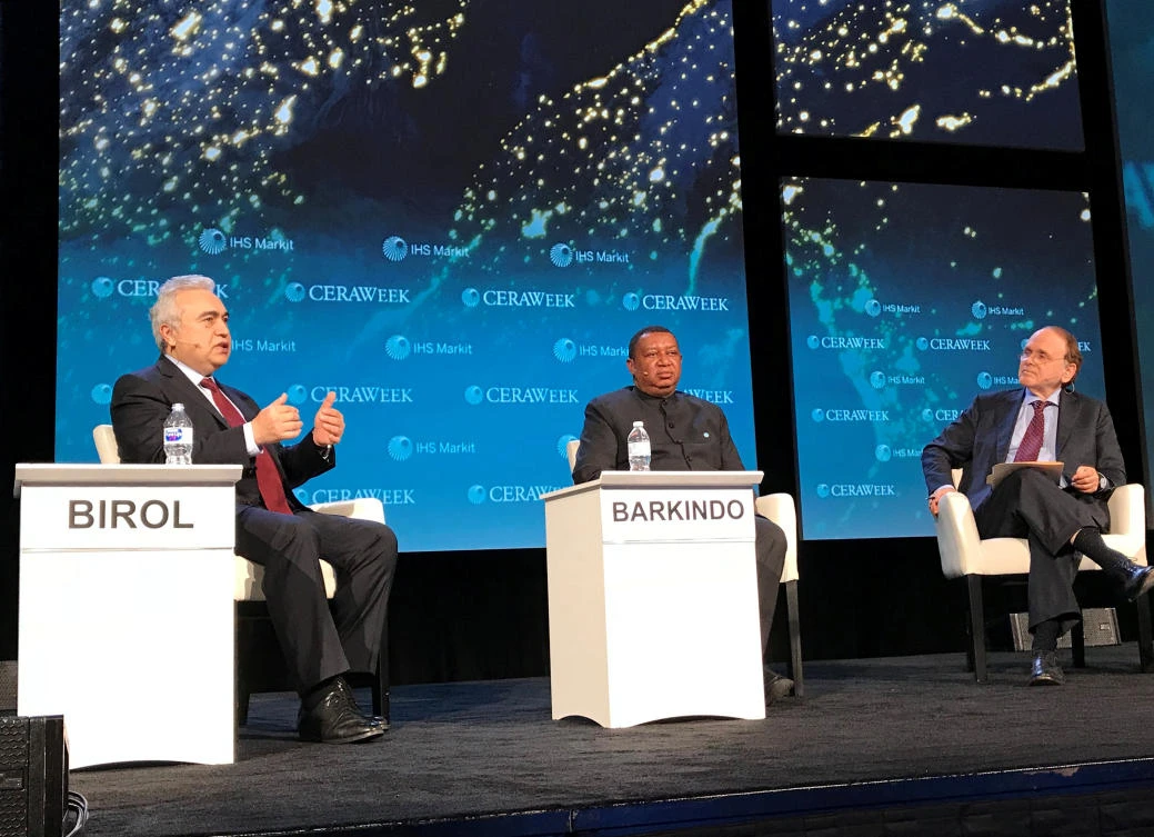 Fatih Birol, Mohammed Barkindo and Daniel Yergin speak at a panel at CERAWeek energy conference. (Reuters)