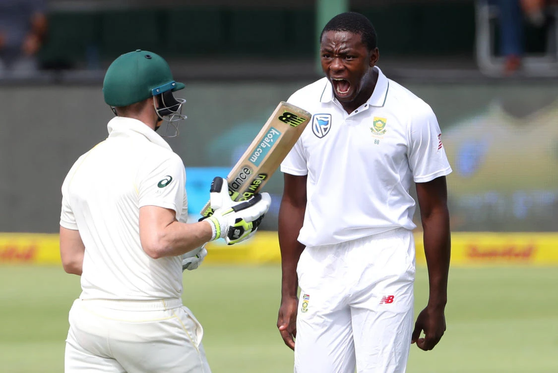 Kagiso Rabada enthusiastically celebrates taking the wicket of Australia's Steve Smith. (Reuters)