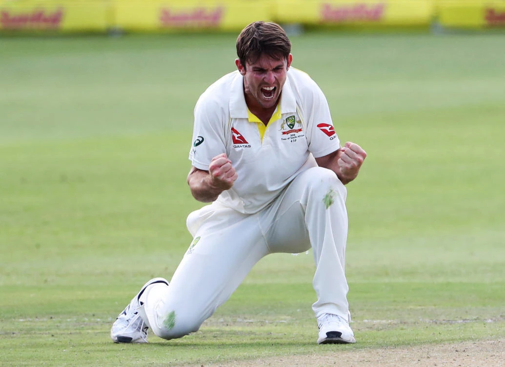 Australia's Mitchell Marsh celebrates taking the wicket of South Africa's Theunis de Bruyn. (REUTERS)