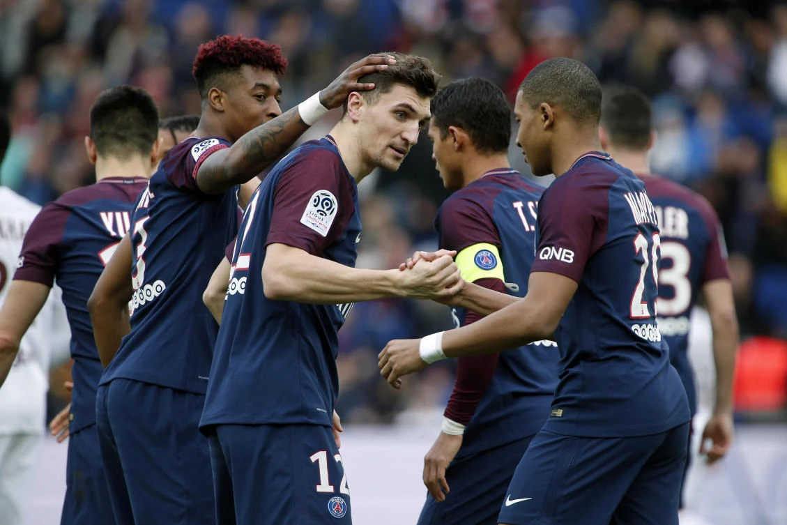 PSG's Thomas Meunier with teammates after scoring his side's opener. (AP)