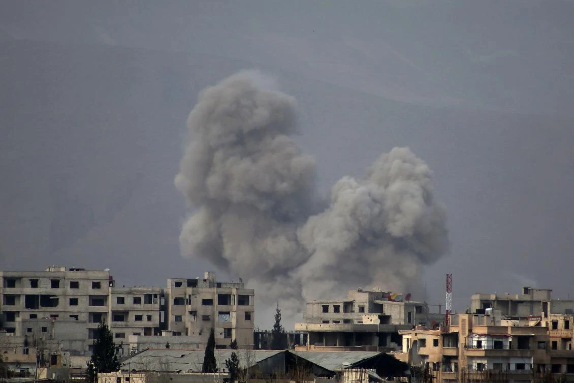 Smoke billows following Syrian government bombardment on the rebel-controlled town of Misraba, in the eastern Ghouta region on the outskirts of the capital Damascus on March 10, 2018. (AFP)