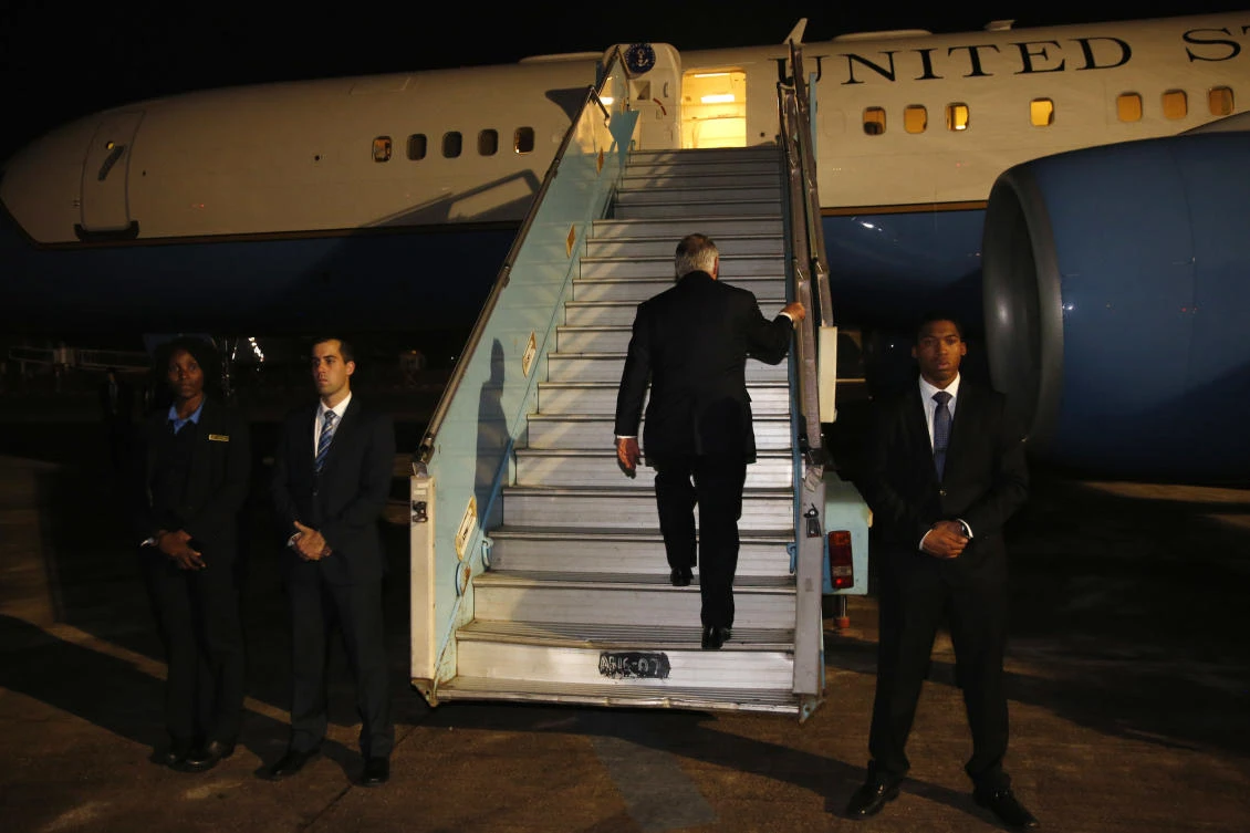 US Secretary of State Rex Tillerson boards his plane to depart at the end of a five-country swing through Africa from Abuja, Nigeria. (AP)
