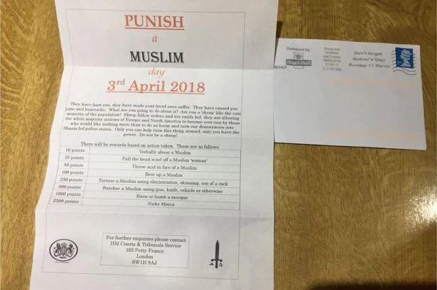 Letters posted on doors across the UK calling for acid attacks and verbal abuse against Muslims. (Twitter)