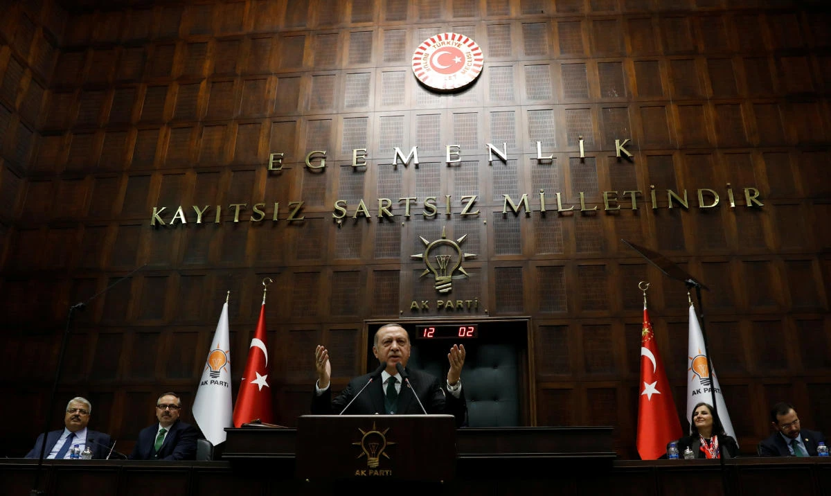 Turkish President Tayyip Erdogan addresses members of parliament from his ruling AK Party (AKP) during a meeting at the Turkish parliament in Ankara, Turkey, March 6, 2018. (Reuters)