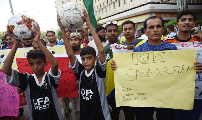 In this file photo, Members of local football association protest against the suspension of the Pakistan Football Federation (PFF) in Karachi. (AFP)