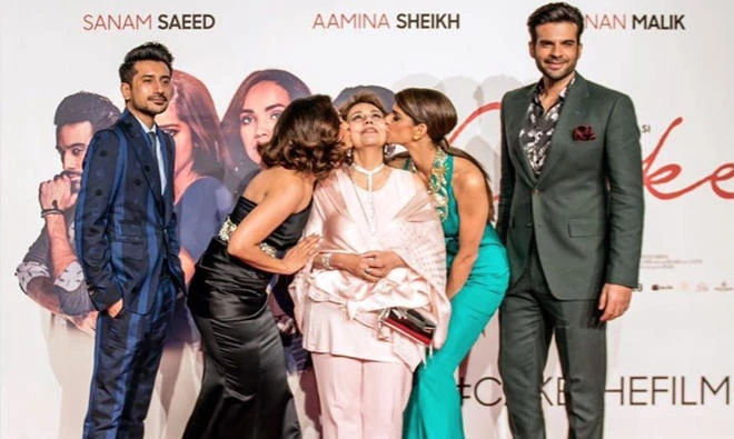 The cast of ‘Cake’ at the world premiere. (LtoR) Asim Abbasi, Aamina Sheikh, Beo Zafar, Sanam Saeed and Adnan Malik on the red carpet as Cake premieres in Leicester Square.