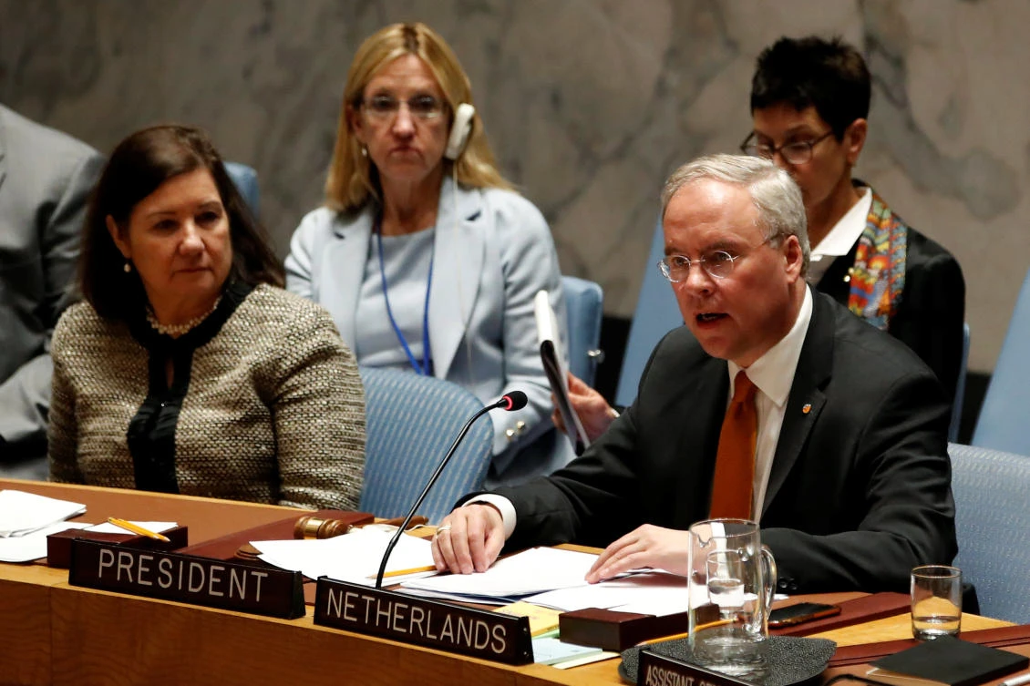 Netherlands Ambassador to the United Nations Karel J.G. van Oosterom addresses the UN Security Council as it meets on Syria at UN headquarters in New York, US, March 12, 2018. (Reuters)