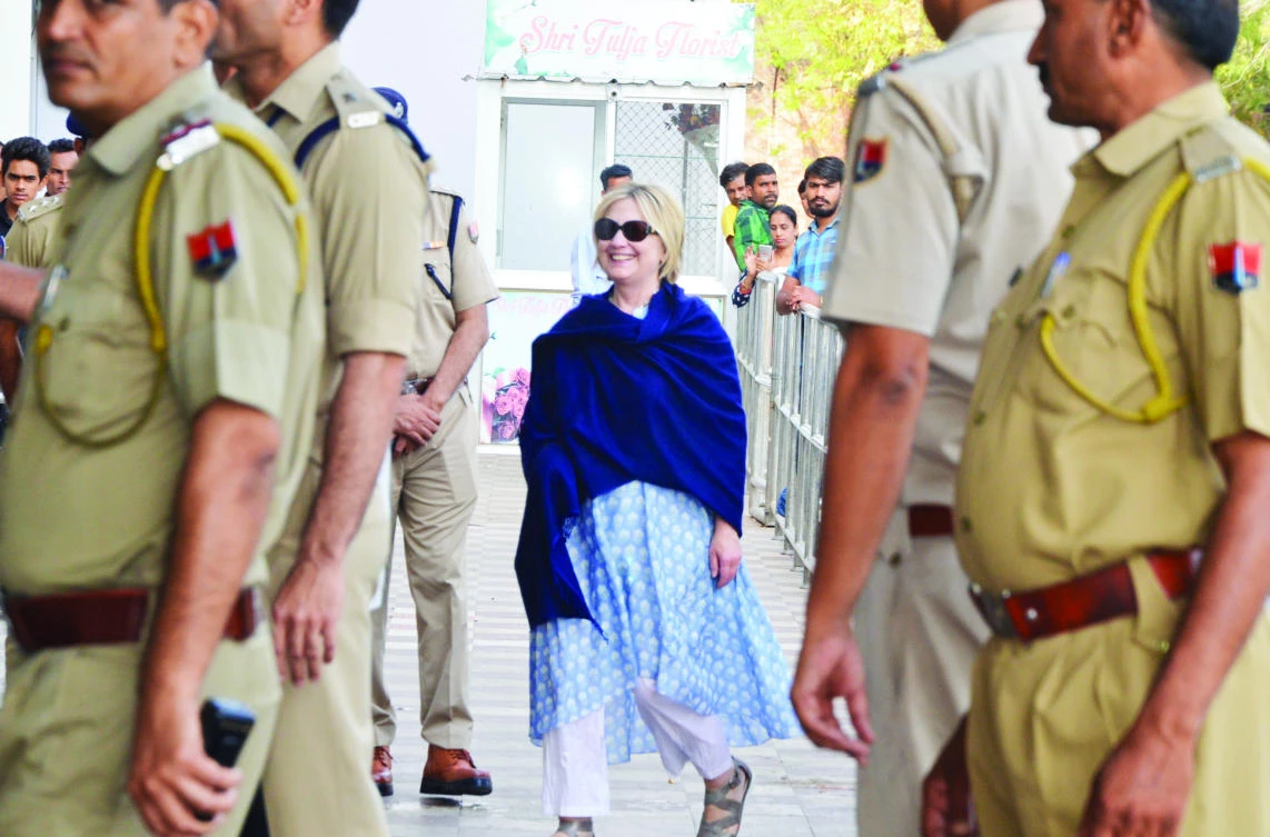 Former US Secretary of State Hillary Clinton arrives at Jodhpur airport in Rajasthan, India. (AP)